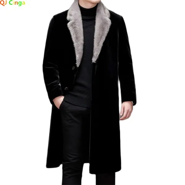 Пальто мужское длинное с капюшоном, золотистая соболиная верхняя одежда, ветровка на осень и зиму