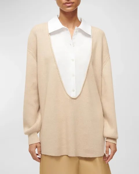 Комбинированный свитер Pietro из хлопка и кашемира STAUD, цвет Camel White