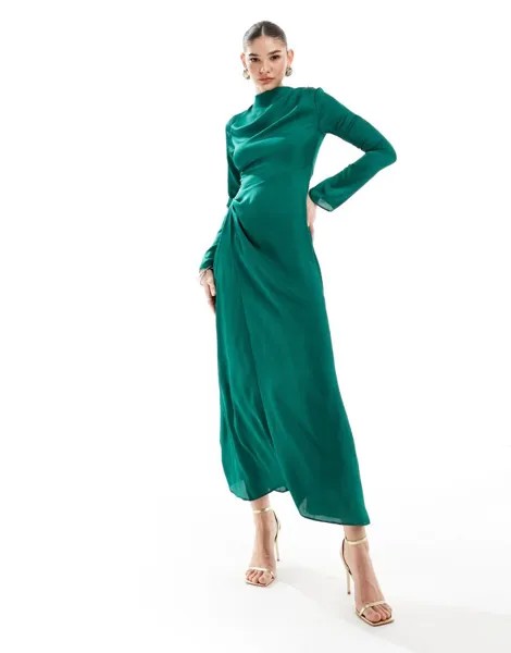 ASOS DESIGN – изумрудное атласное платье макси с высоким вырезом