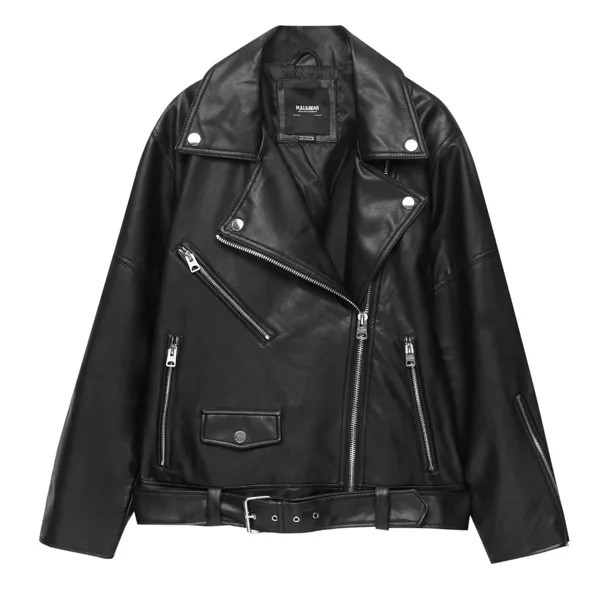 Куртка Pull&Bear Oversize Faux Leather Biker, черный