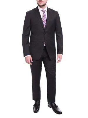 Мужской приталенный костюм темно-серого цвета из 100% шерсти с двумя пуговицами