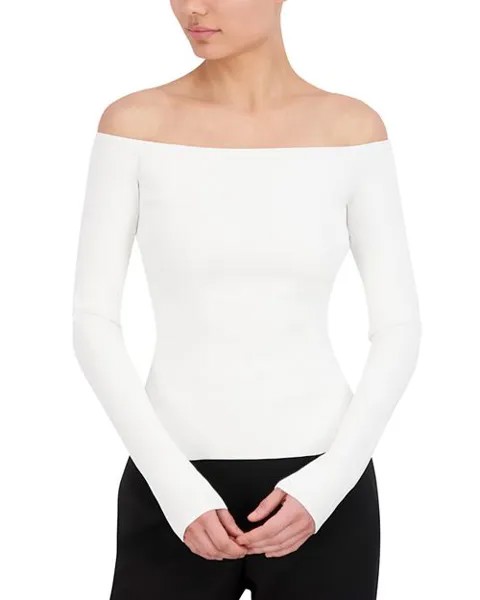Топ-свитер с открытыми плечами в рубчик BCBGMAXAZRIA, цвет White