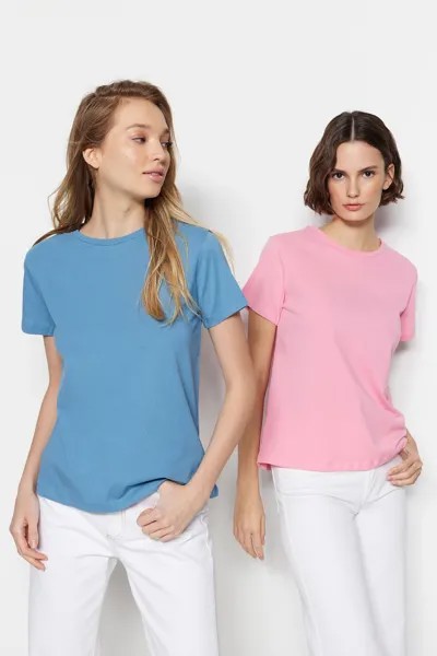 Комплект из двух футболок Trendyol с круглым вырезом, индиго / розовый