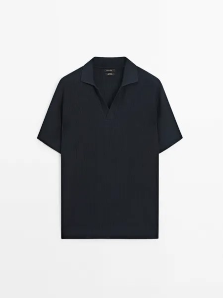 Трикотажная рубашка-поло с тканевой деталью Massimo Dutti, синий