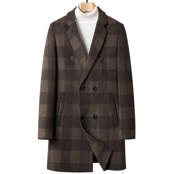 Модное двубортное шерстяное пальто в клетку, мужская приталенная ветровка средней длины, осенне-зимняя теплая куртка, офисная одежда