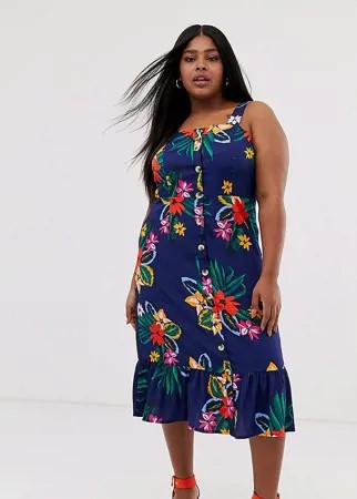 Платье миди на пуговицах с тропическим цветочным принтом Influence Plus-Синий