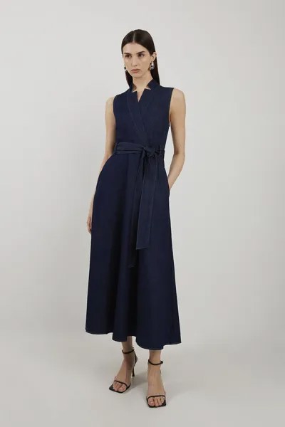 Джинсовое струящееся платье миди с вырезом и поясом Karen Millen, синий