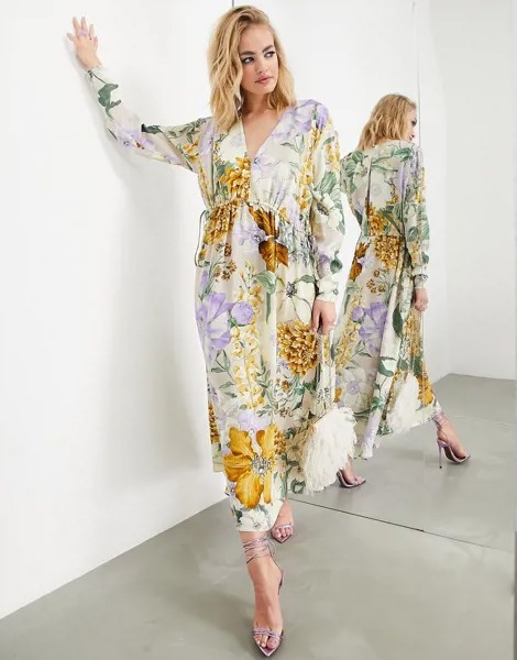 Атласное oversized-платье миди с V-образным вырезом, затягивающимся шнурком и крупным цветочным принтом ASOS EDITION-Разноцветный