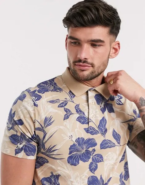 Поло из органического хлопка с цветочным принтом ASOS DESIGN-Бежевый