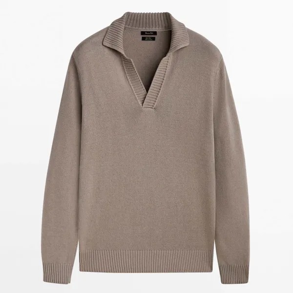 Кардиган Massimo Dutti Knit With A Polo Collar And Ribbed Trims, коричневый