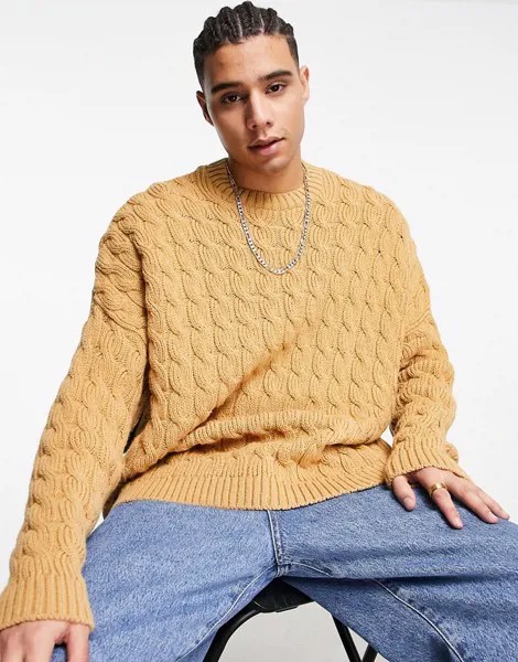 Бежевый oversized-джемпер крупной вязки «косы» ASOS DESIGN-Коричневый цвет