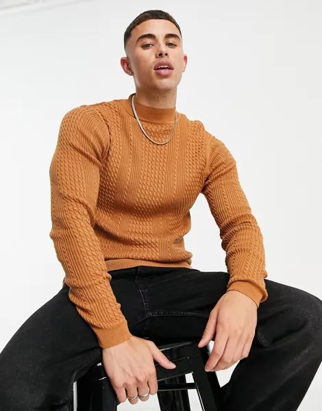 Светло-коричневый легкий джемпер с высоким воротником и вязкой «косичка» ASOS DESIGN-Коричневый цвет