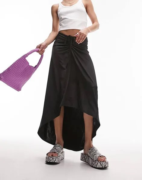 Черная фактурная облегающая юбка миди из джерси со сборками Topshop