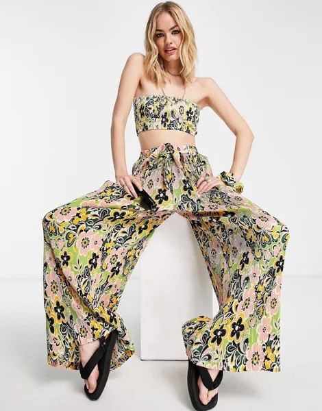 Разноцветные широкие пляжные брюки плиссе с цветочным принтом Topshop 60's