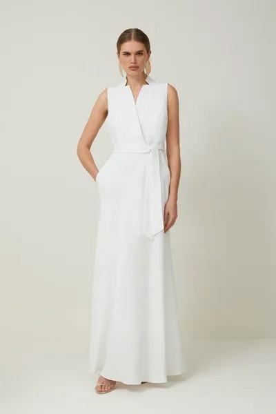 Миниатюрное льняное платье мидакси премиум-класса с вырезом и поясом Karen Millen, белый