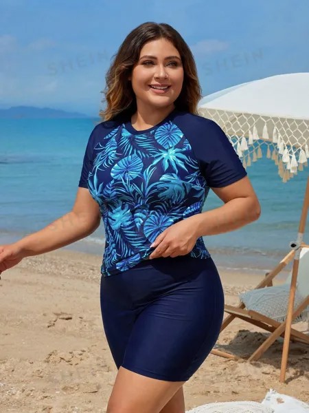 Swim Lushore, Женское летнее пляжное платье-рашгард с контрастным принтом больших размеров для пляжного отдыха Shein, темно-синий