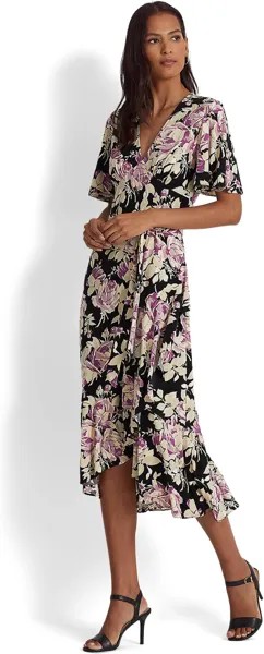 Платье из джерси с цветочным принтом и поясом LAUREN Ralph Lauren, цвет Black/Lavender/Cream