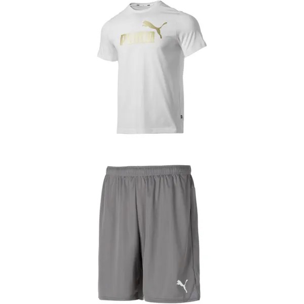 Повседневный спортивный мужской комплект: белый топ + серые шорты Puma, белый