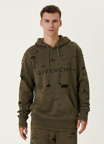 Толстовка цвета хаки с капюшоном и потертым детальным логотипом Givenchy