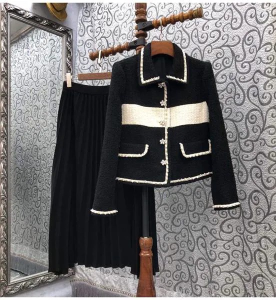 Женский комплект из 2 предметов, шерстяной пиджак на пуговицах с бисером и длинная Плиссированная юбка, Осень-зима 2021