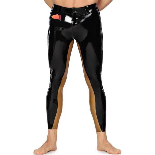 Сексуальные латексные брюки, черные и золотые с 2 маленькими карманами, резиновые леггинсы, брюки, джинсы для мужчин