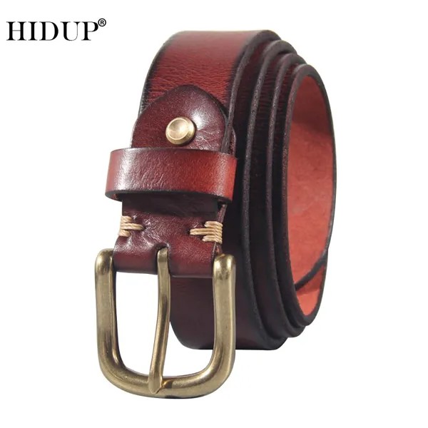 Ремень HIDUP NWJ1018 мужской из чистой воловьей кожи, металлический пояс с латунной пряжкой с язычком, аксессуар для джинсов в стиле ретро