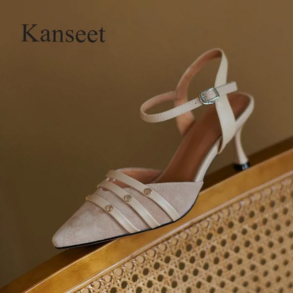 Босоножки женские Kanseet, из натуральной кожи, с острым носком, на тонком высоком каблуке, абрикосового, винного цвета, большие размеры 43