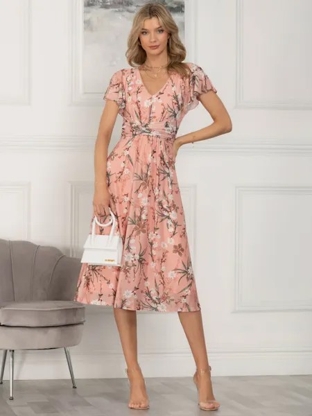 Платье миди из сетки с цветочным принтом Jolie Moi Viviana, персиковый