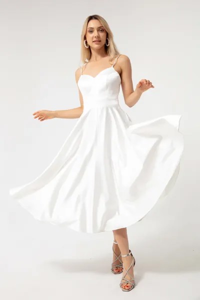 Женское белое атласное вечернее платье миди на тонких бретелях Lafaba, белый