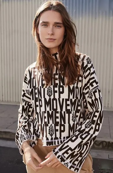 Футболка с логотипом Free People Movement Wild Side, толстовка, черный, коричневый, цвета слоновой кости, L, НОВИНКА