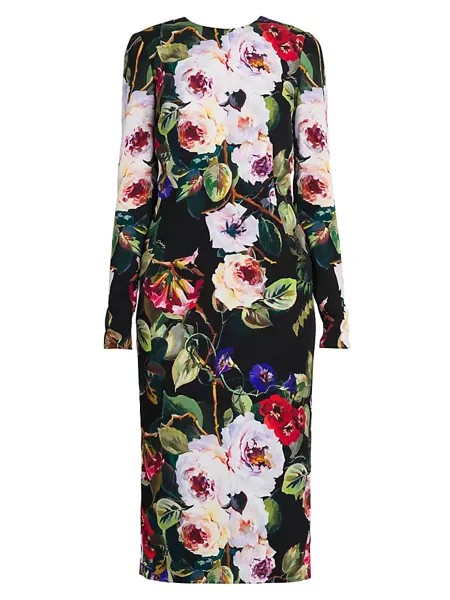 Платье-футляр миди из шелковой смеси с цветочным принтом Dolce&Gabbana, цвет roseto nero
