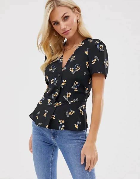 Блузка с цветочным принтом и баской River Island-Черный