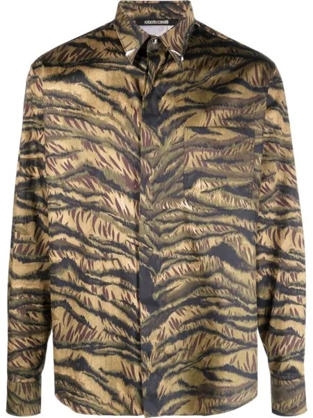 Roberto Cavalli рубашка с тигровым принтом, зеленый