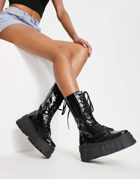 Черные лакированные массивные высокие ботинки на шнуровке ASOS DESIGN Athens 3