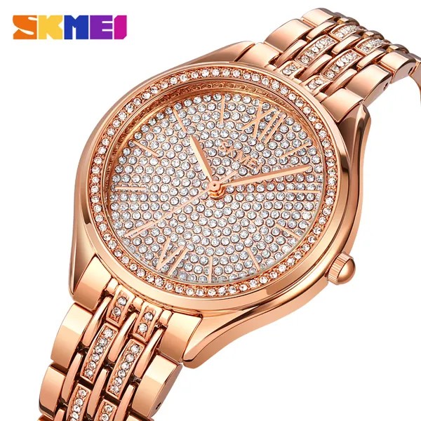 SKMEI водонепроницаемые кварцевые часы женские роскошные блестящие стразы наручные часы с циферблатом для девушек женские часы relogio feminino