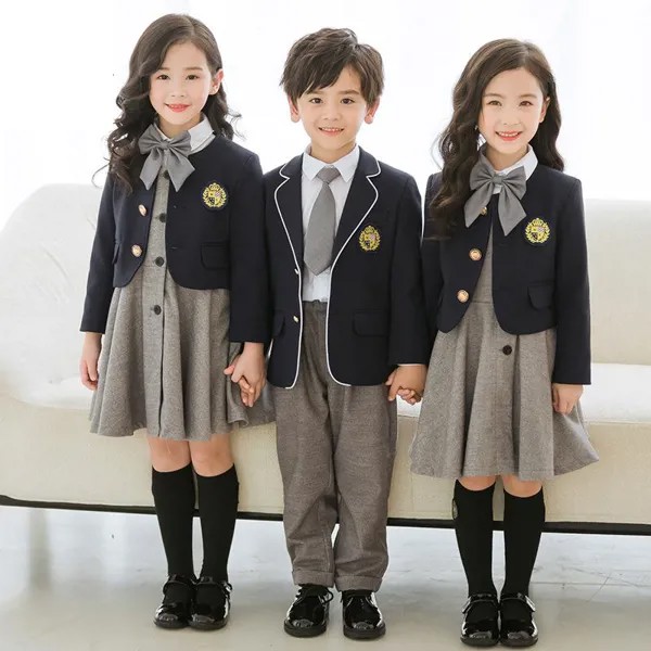 Детская осенняя британская школьная форма, серый костюм для мальчиков и девочек, блейзер, пальто, платье, японская школьная форма для девоче...