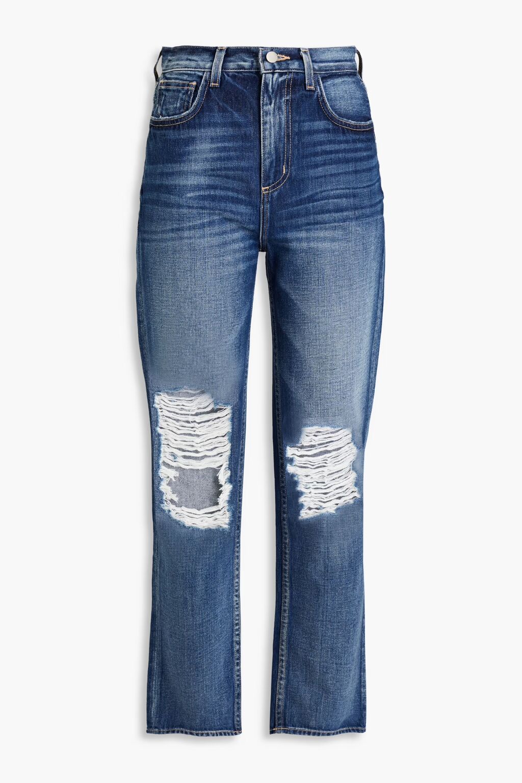 Прямые джинсы с высокой посадкой и потертостями L'Agence, средний деним