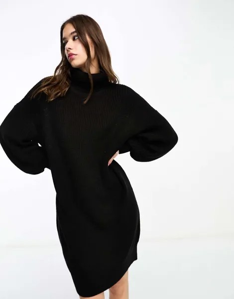 Черное вязаное платье-джемпер с высоким воротником и широкими рукавами Noisy May