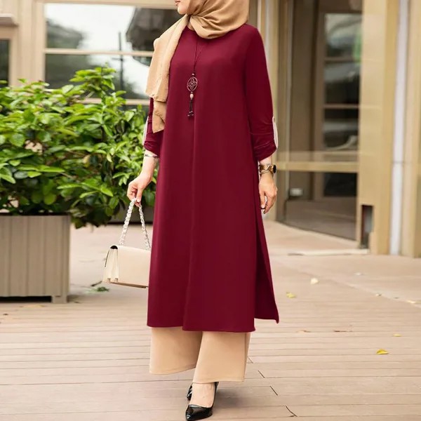 ZANZEA Женщины O-образный вырез Длинное рукавное платье Мусульманская мода Сплит Хем Абайя Платье