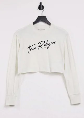 Серый лонгслив с круглым вырезом и подписью True Religion