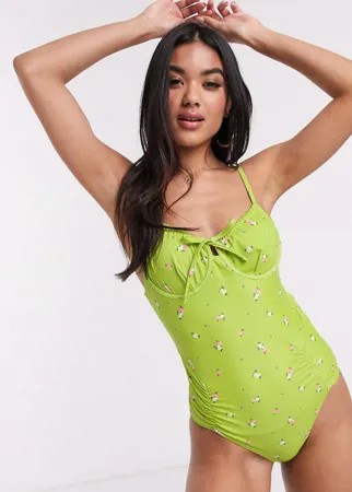 Слитный купальник на косточках с цветочным принтом Fashion Union-Зеленый