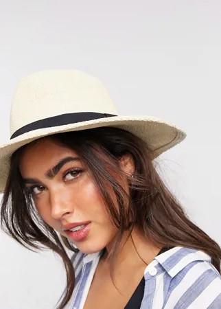 Соломенная шляпа-федора натуральной расцветки с черной лентой и регулятором размера ASOS DESIGN-Коричневый цвет