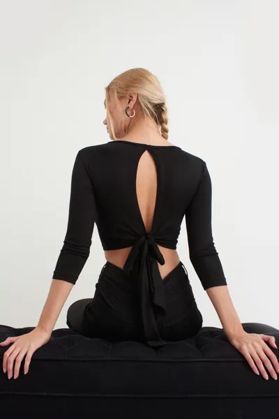 Женская черная укороченная блузка с открытой спиной и завязками Cool & Sexy, черный