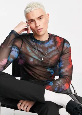 Сетчатый облегающий лонгслив с принтом тай-дай ASOS DESIGN-Разноцветный