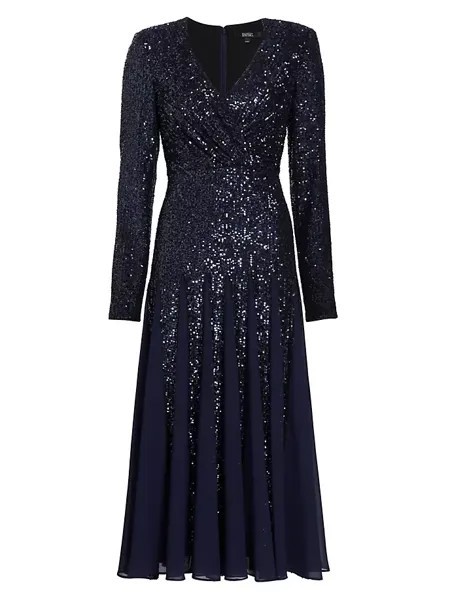 Плиссированное платье-миди с пайетками Badgley Mischka, темно-синий