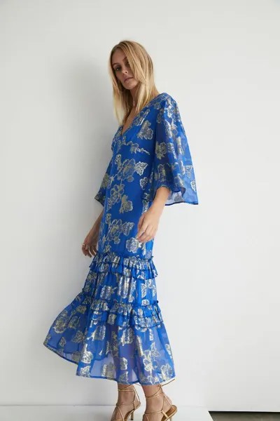 Платье макси с блестящим жаккардовым V-образным вырезом и оборками Warehouse, синий