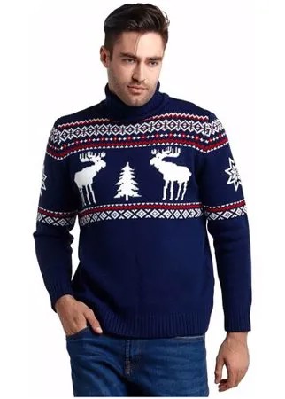 Шерстяной свитер с высоким горлом, скандинавский орнамент с Оленями, натуральная шерсть, индиго цвет, размер S
