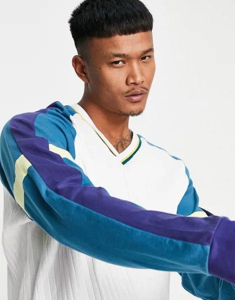 Лонгслив в стиле oversized с V-образным вырезом и контрастными рукавами ASOS DESIGN-Белый