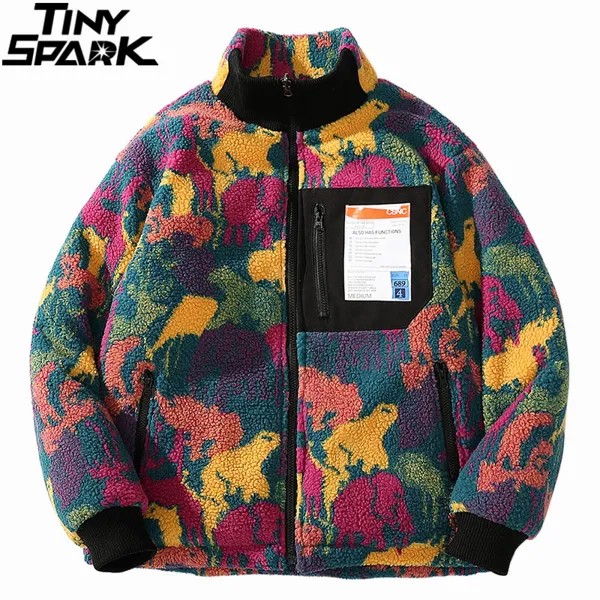 Мужская Двухсторонняя куртка в стиле хип-хоп, камуфляжная куртка с цветным рисунком животных, ветровка в стиле Харадзюку, флисовая куртка на молнии для зимы, 2022