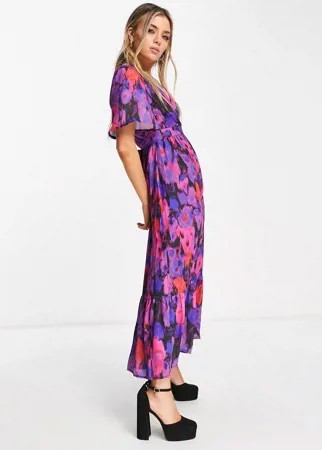 Платье миди с запахом и акварельным цветочным принтом Twisted Wunder-Фиолетовый цвет